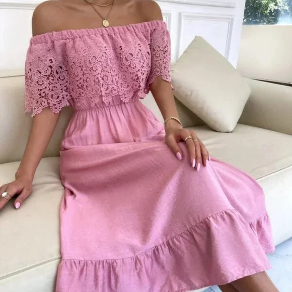 Lace Overplayed ruffled Off shoulder Midi Dress  PINK - Picture 3 of 6